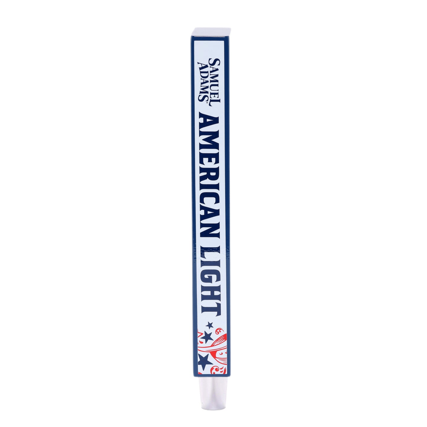 A Samuel Adams American Light tap handle with a white background, blue trim/details, and red details.