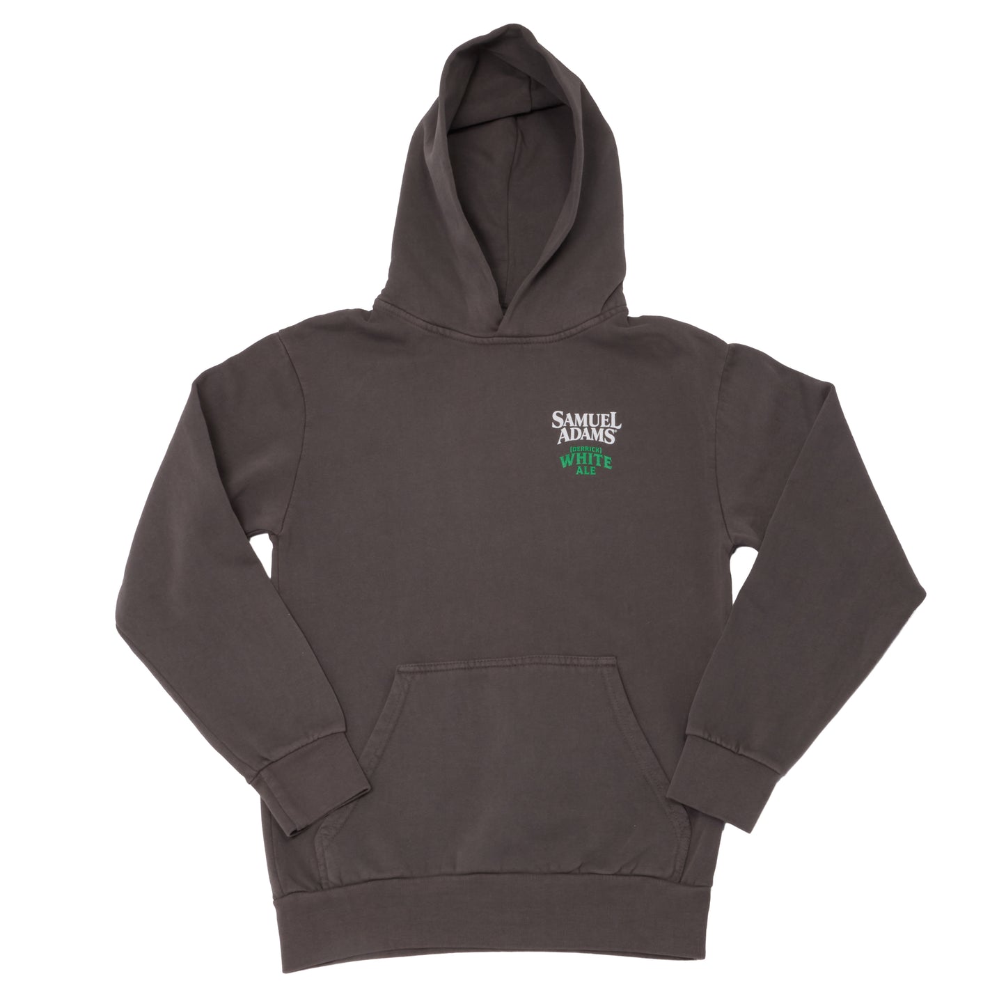 Front view of Samuel Adams Derrick White Ale hoodie in grey with chest logo, pullover hood, and kangaroo pocket
