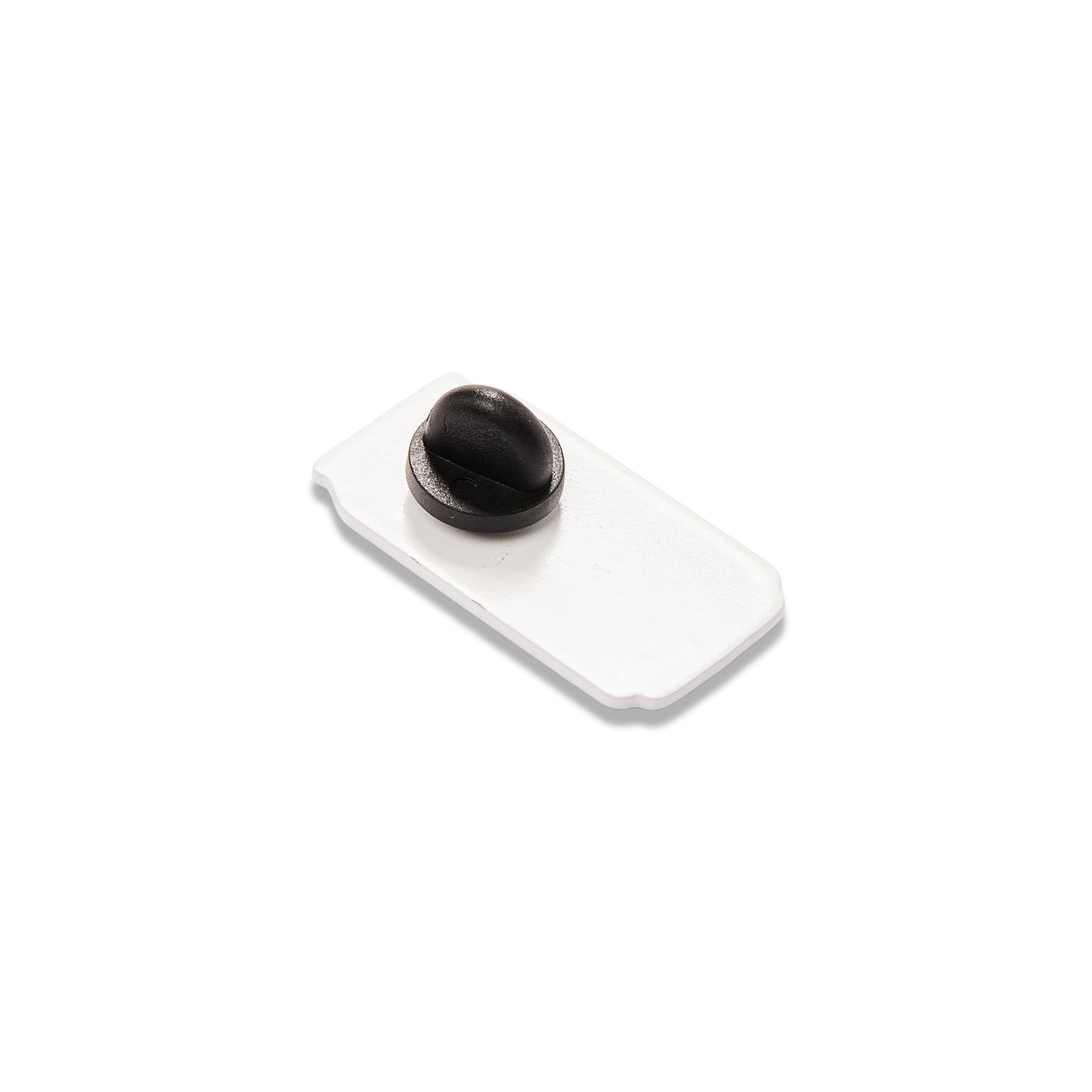 A small white pin with a black oval button or stud on top, photographed on a clean white background.