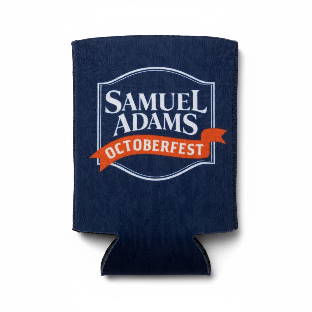 A navy blue neoprene can cooler sleeve featuring a printed Samuel Adams Octoberfest logo with white text and an orange banner, shown on a plain white background.
