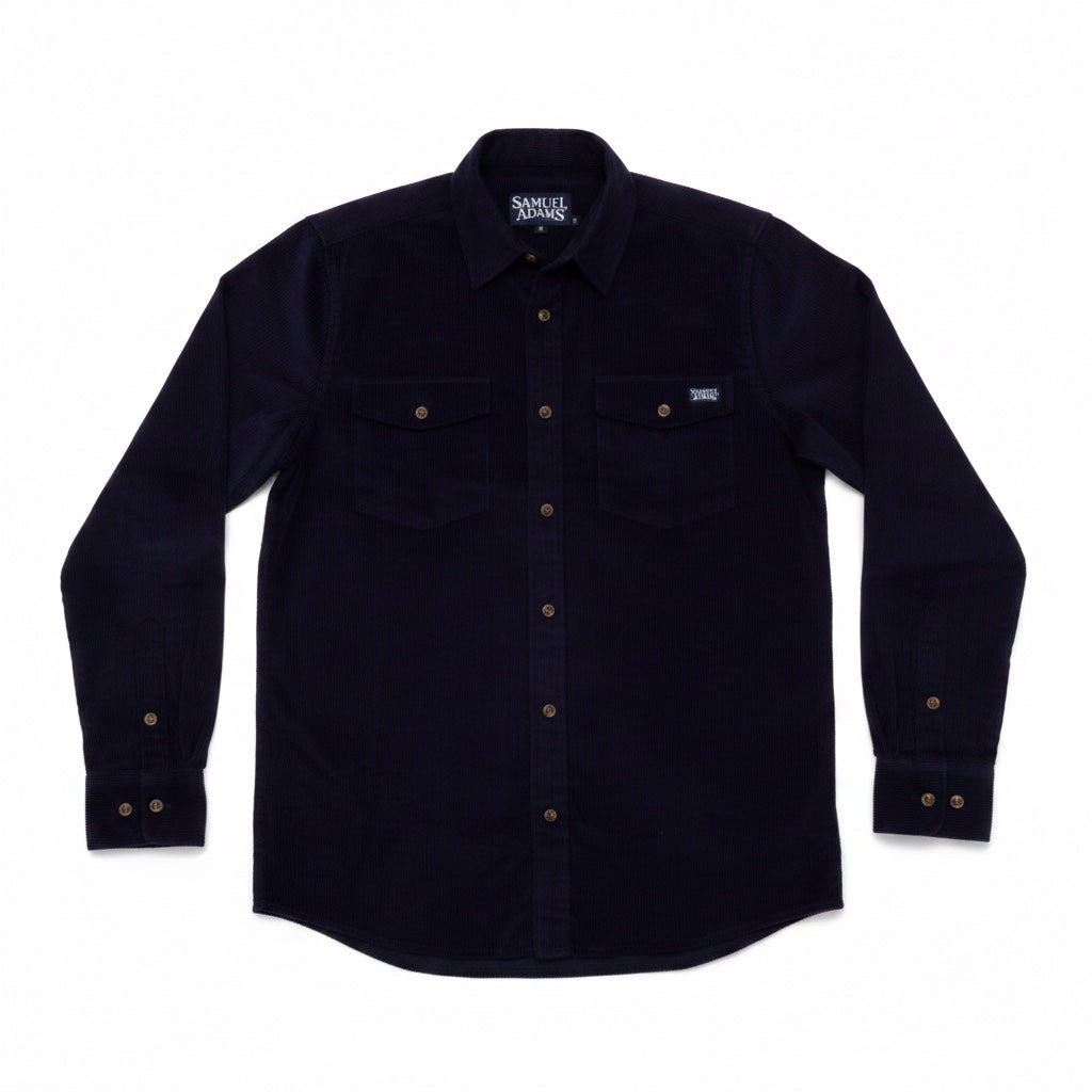 A navy button down corduroy flannel shirt against a white background. The Sam Adams logo is written in white on a pocket and on the tag.