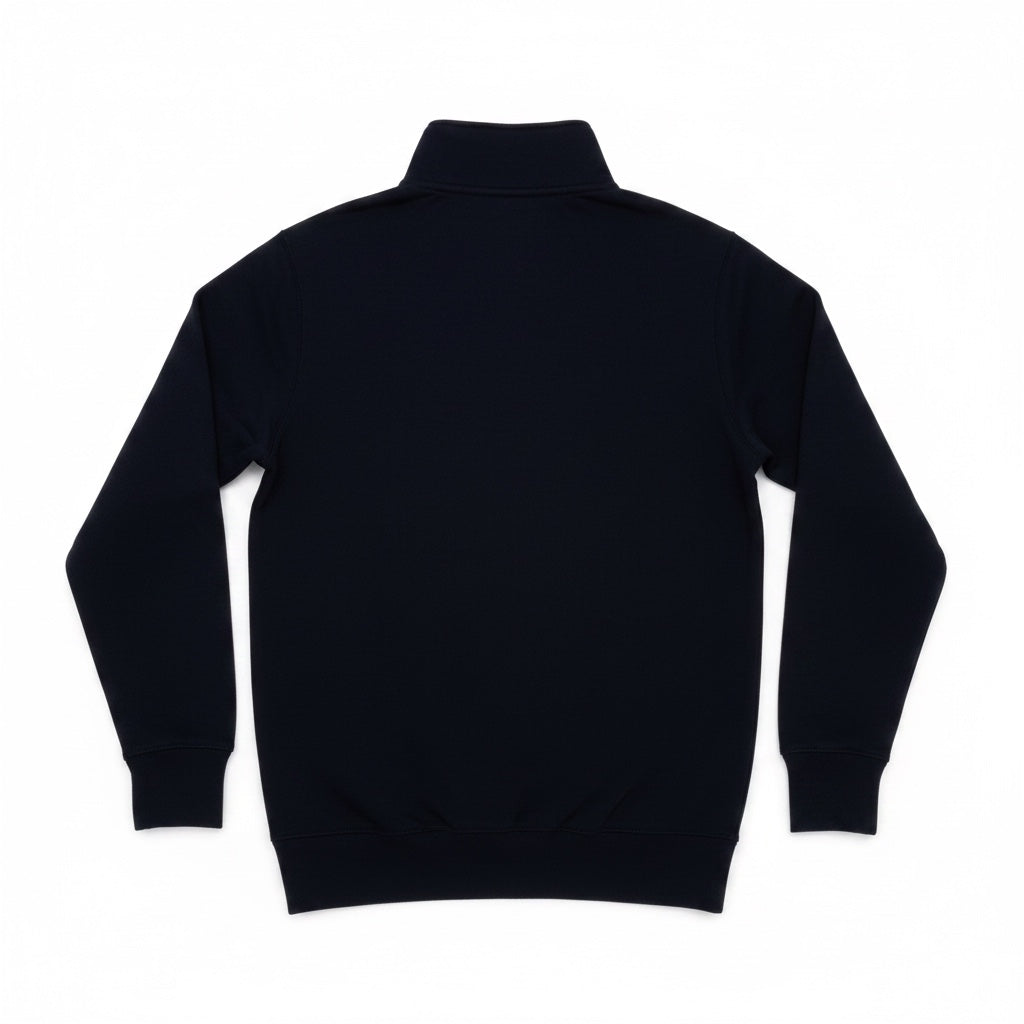 The back view of a navy sweatshirt.