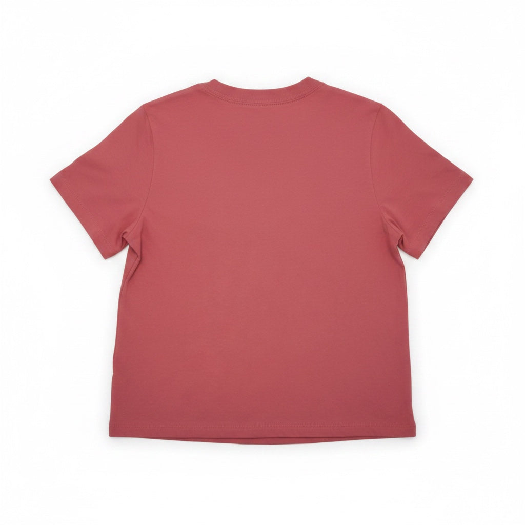 The back view of a pale red tee shirt against a white background.