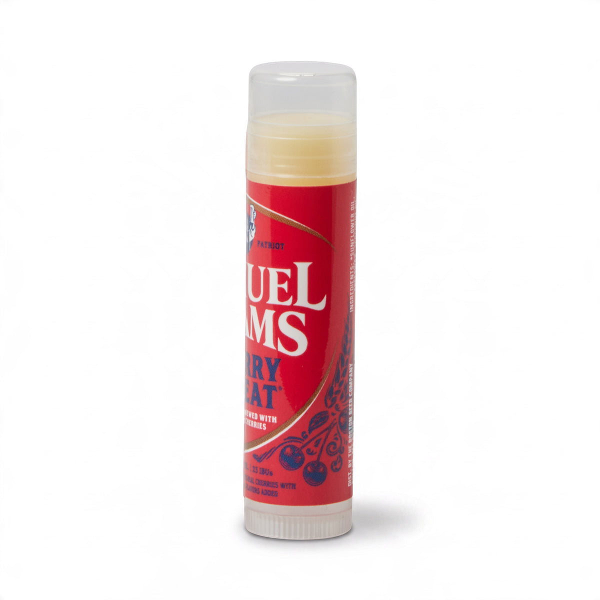 Red Lip balm on white background, with logo saying 'cherry wheat' and 'samuel adams'