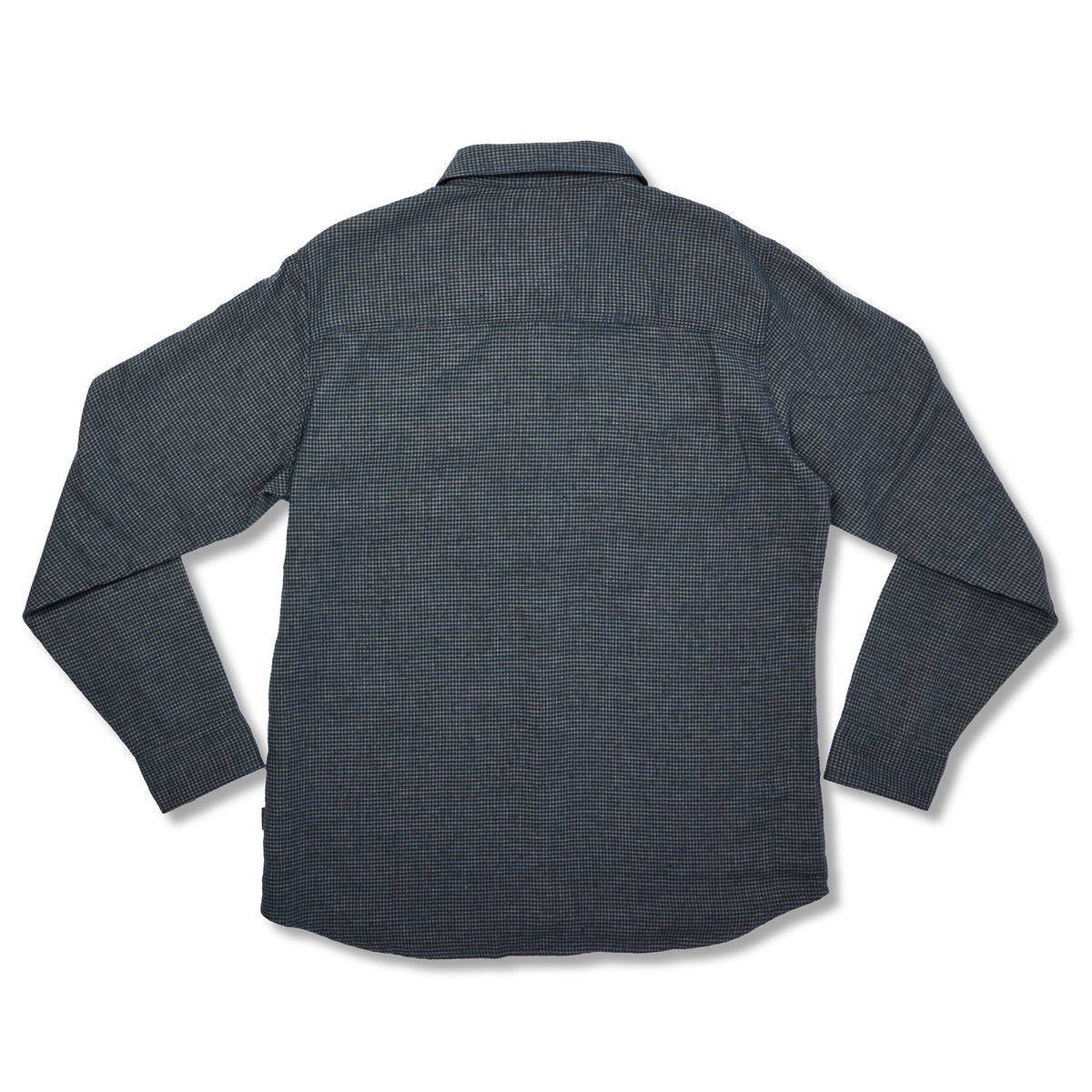 A dark gray long-sleeve button-down shirt with a subtle micro-check pattern, shown from the back on a white background.