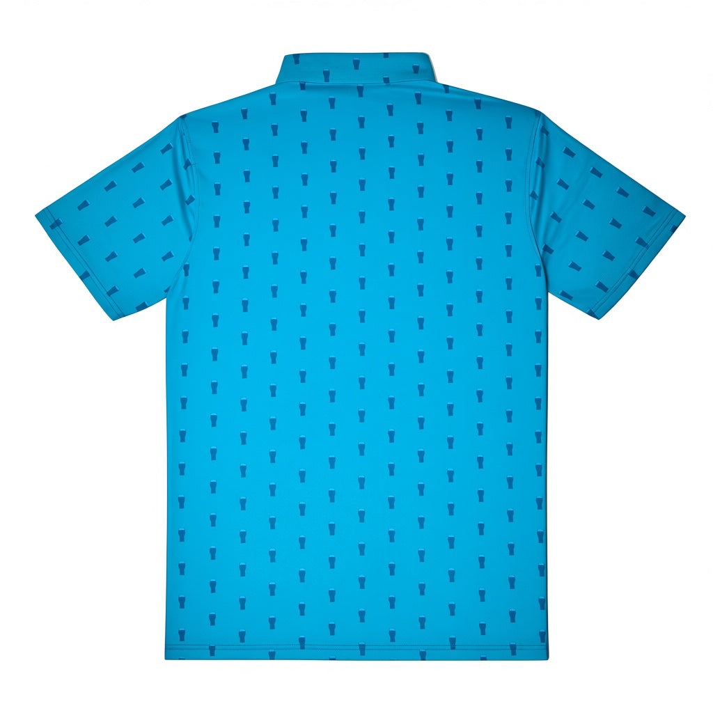 A short-sleeve collared shirt shown from the back, featuring a bright turquoise blue base with a repeating dark blue vertical pattern.
