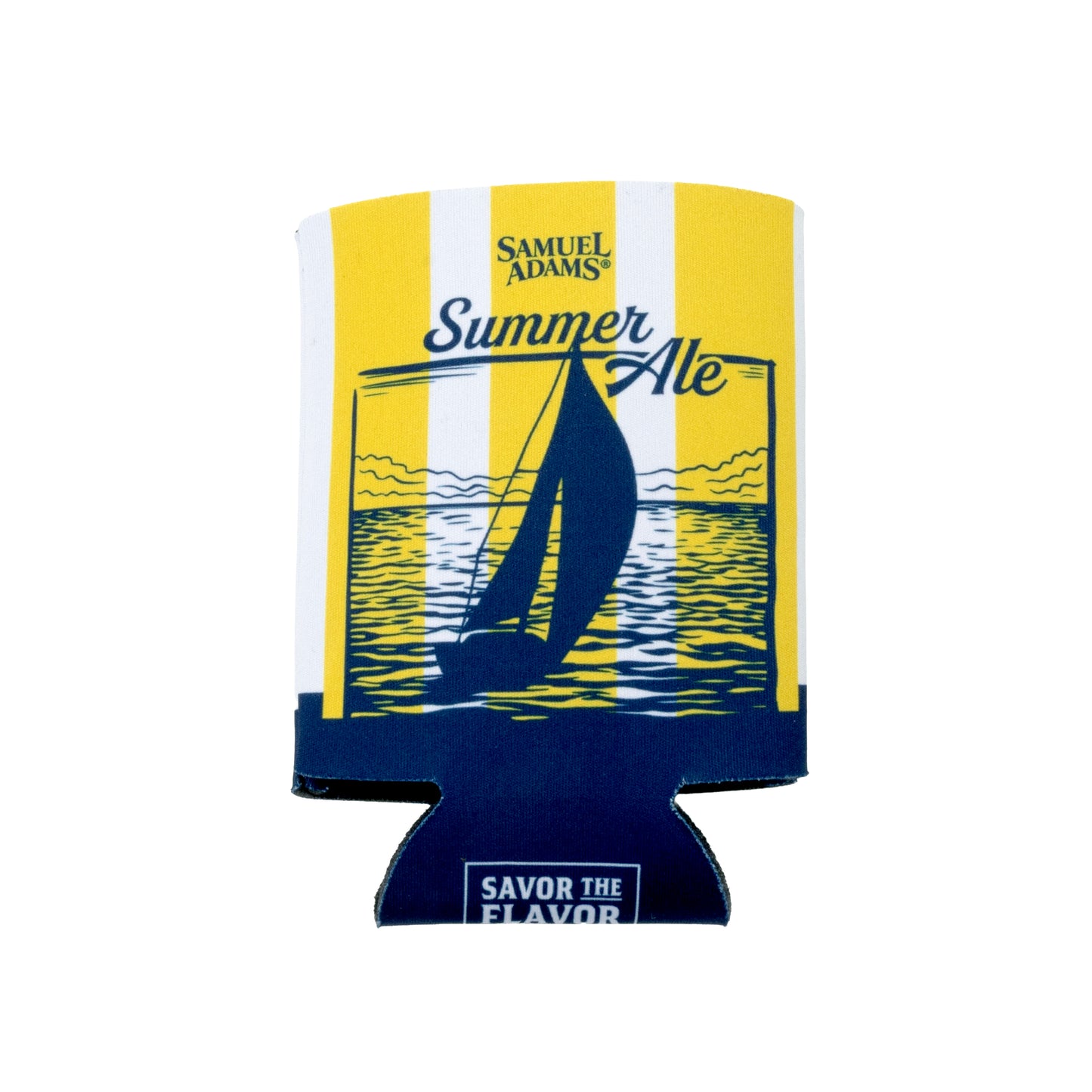 Samuel Adams Summer Ale can cooler sleeve, yellow and navy design with sailboat artwork and ‘Savor the Flavor’ text on the base