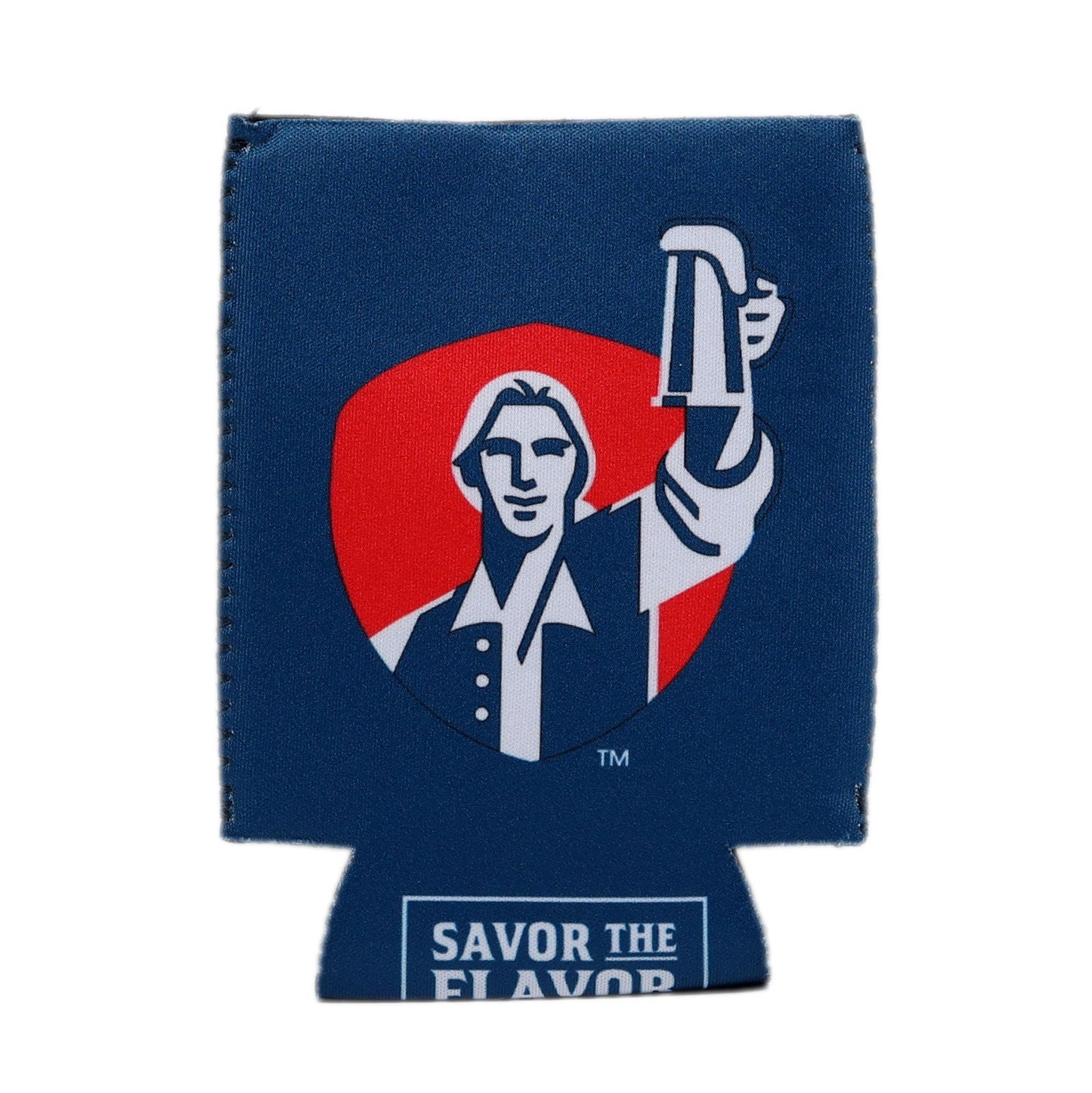 An empty navy blue 12oz can cooler (laying flat) with a red, white, and navy print of Samuel Adams holding up a beer glass.