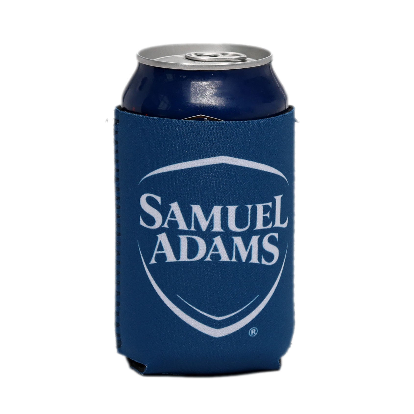 A Samuel Adams beer can wearing a navy blue 12oz can cooler with a white Samuel Adams shield logo.