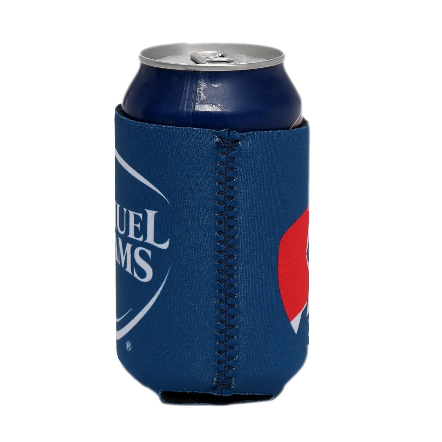 Side view of a Samuel Adams beer can wearing a navy blue 12oz can cooler with both a red, white, and navy print of Samuel Adams holding up a beer glass and a white Samuel Adams shield logo.