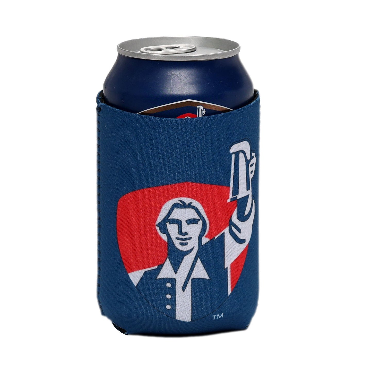 A Samuel Adams beer can wearing a navy blue 12oz can cooler with a red, white, and navy print of Samuel Adams holding up a beer glass.