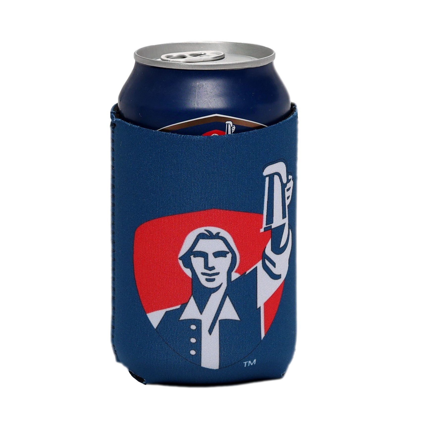 A Samuel Adams beer can wearing a navy blue 12oz can cooler with a red, white, and navy print of Samuel Adams holding up a beer glass.
