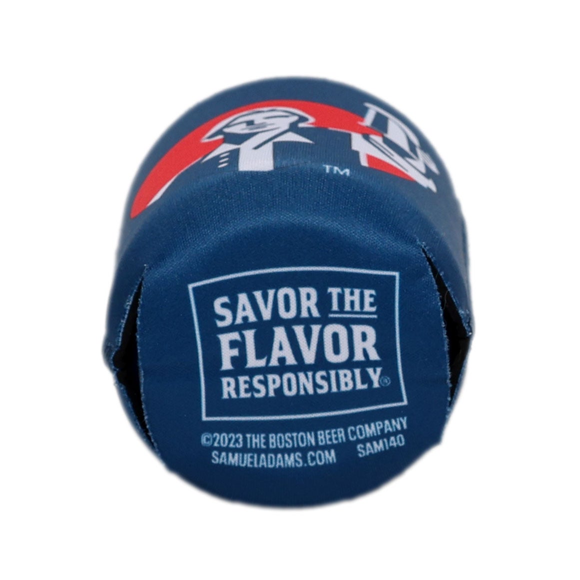 Bottom view of a Samuel Adams beer can wearing a navy blue 12oz can cooler with a white logo that says "Savor the Flavor Responsibly" on the bottom.