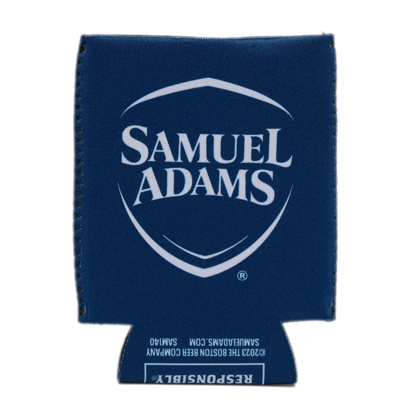 An empty navy blue 12oz can cooler (laying flat) with the white Samuel Adams shield logo.