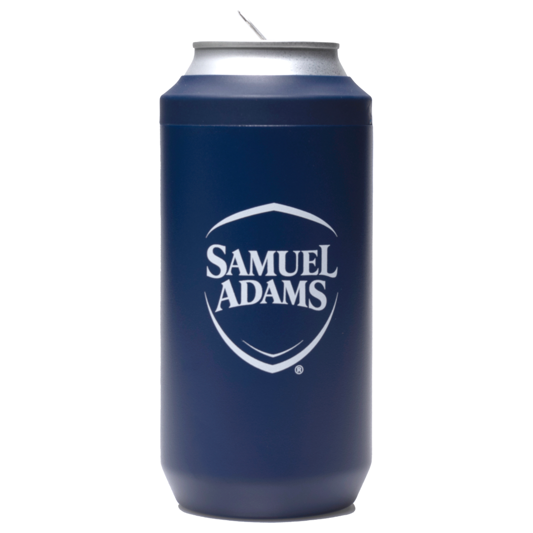 A navy blue 16oz CamelBak Can insulator featuring the classic Samuel Adams shield logo printed in white.