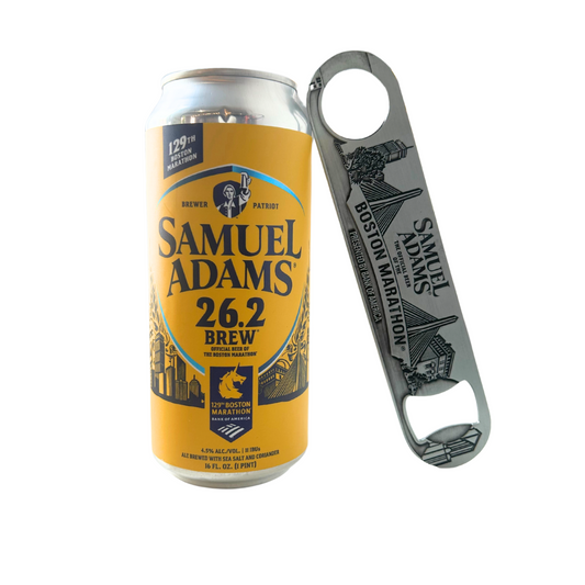The 2025 26.2 Boston Marathon Samuel Adams Paddle Opener resting against a can of the 26.2 brew.