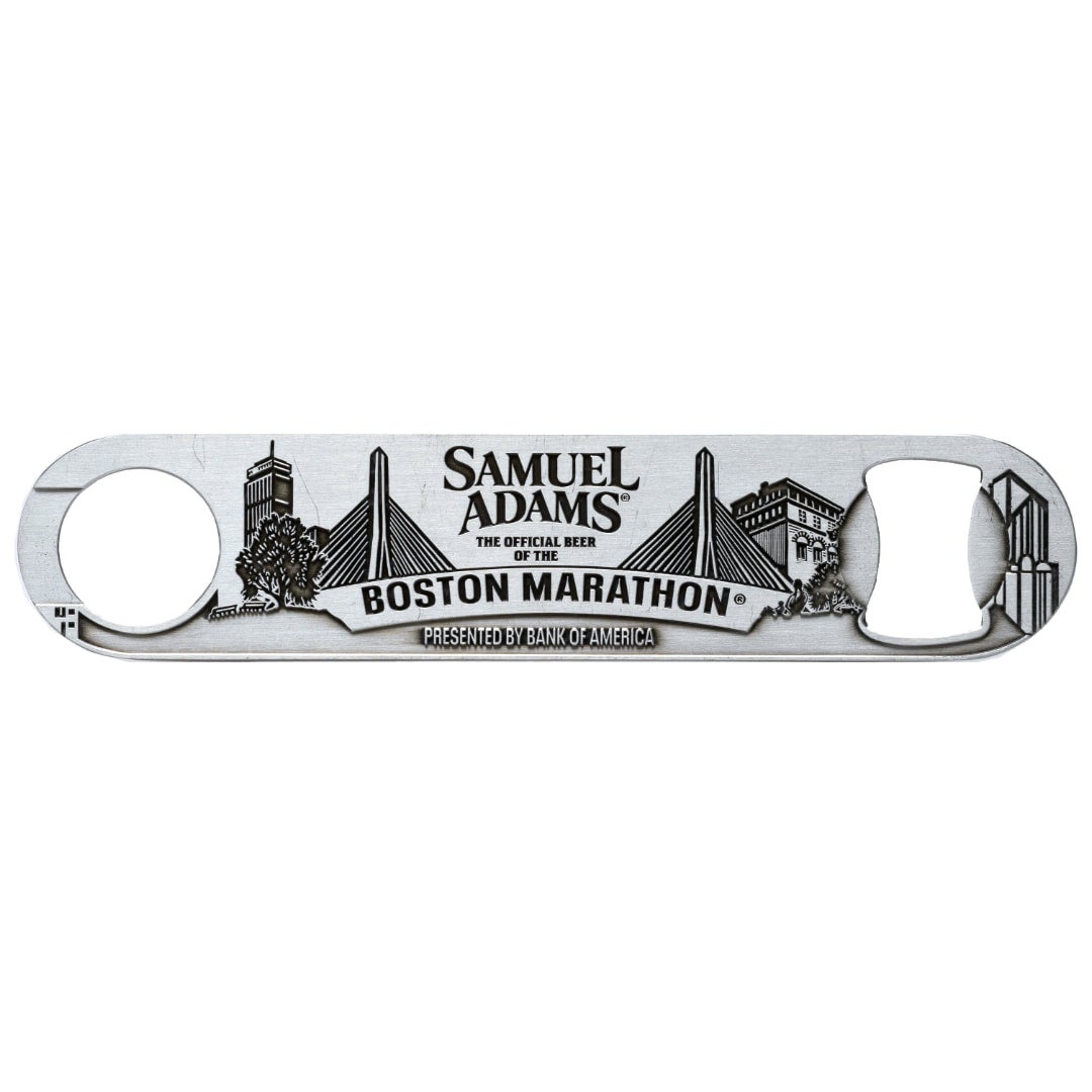 A Boston marathon paddle bottle opener featuring the Boston city-scape and the Samuel Adams logo.
