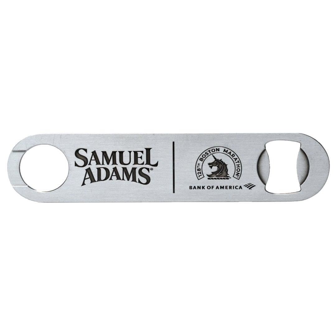 A Boston marathon paddle bottle opener featuring the Samuel Adams logo and the Boston marathon Bank of America logo.