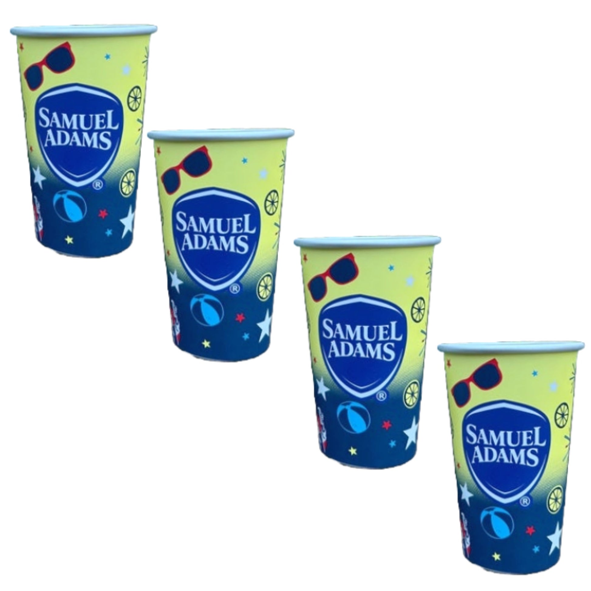 4 Pack Color Changing, blue to yellow, Aluminum Pints with beach themed desgins (stars, beachballs, sunglasses) in red, white, and blue