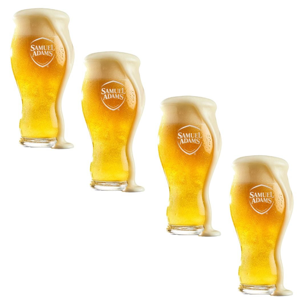 Four 16oz pint glasses filled with beer with the Samuel Adams classic shield logo printed on the front in white.