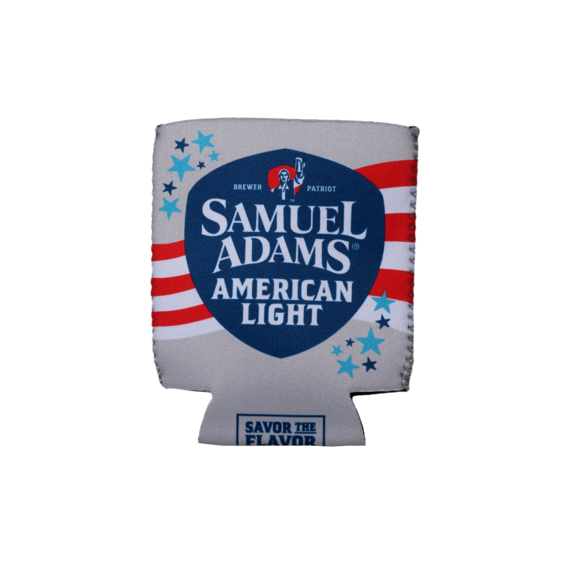 A grey 12 ounce can cooler with red and white stripes going across it and light and dark blue stars around the edges, with a dark blue shield with the Samuel Adams and American Light beer logos inside it.