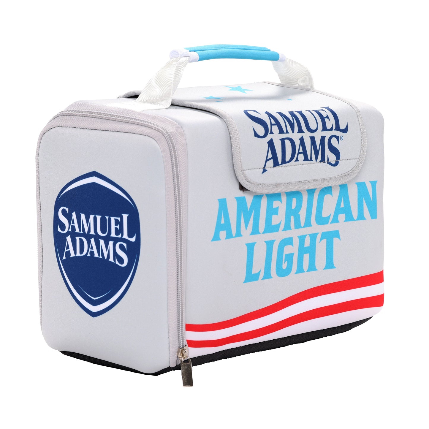 A white cooler with Samuel Adams American Light designs on it.
