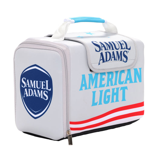 A white cooler with Samuel Adams American Light designs on it.