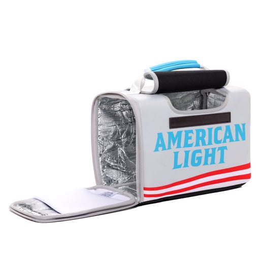 A white cooler with Samuel Adams American Light designs on it.