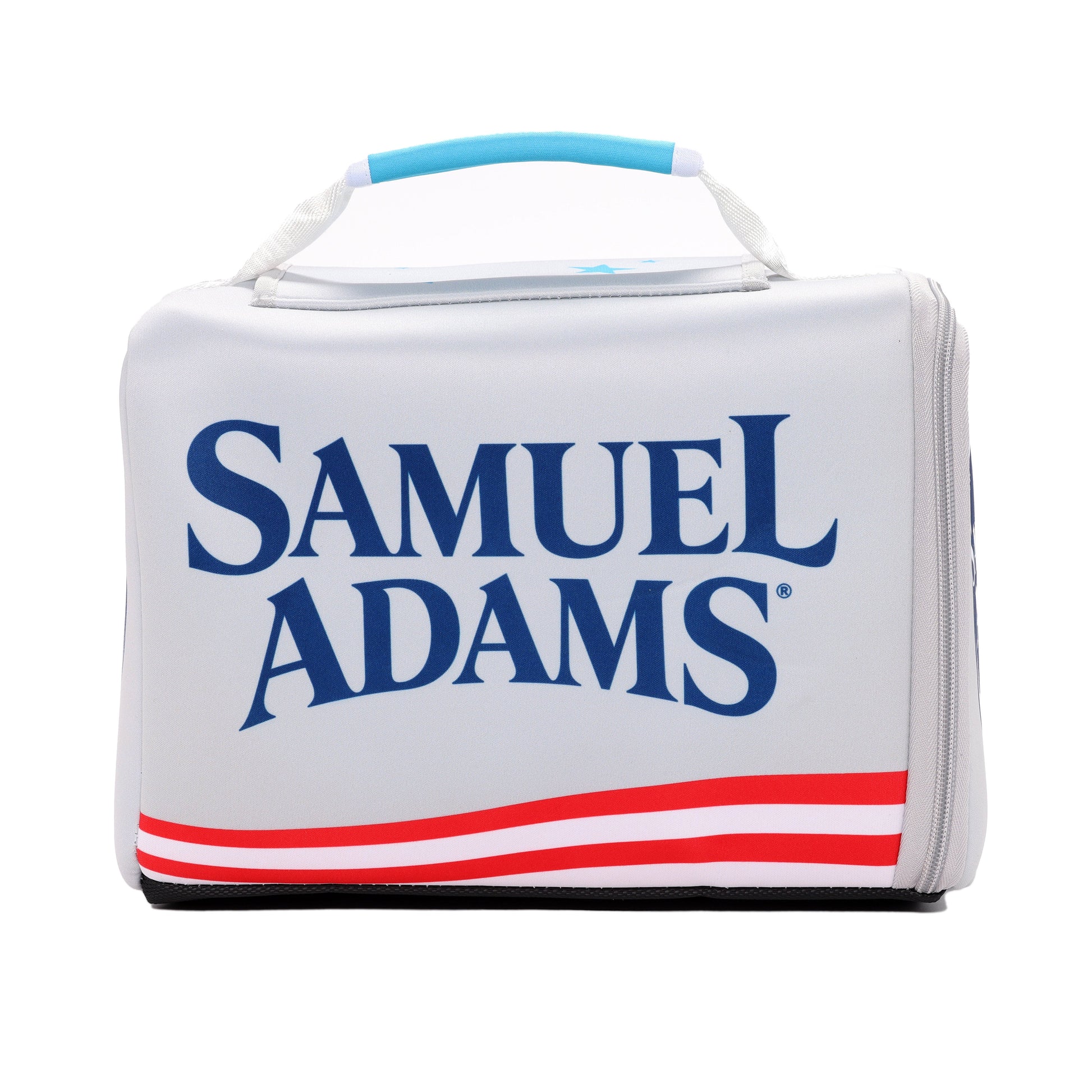 A white cooler with Samuel Adams American Light designs on it.