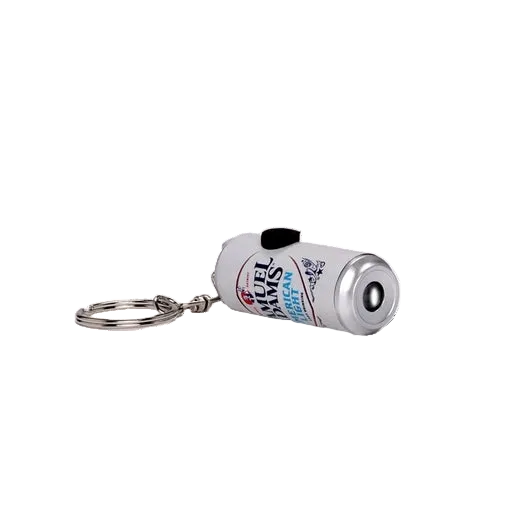 LED keychain of a Samuel Adams American Light beer can on a silver key ring. Flashlight at the bottom of the can.