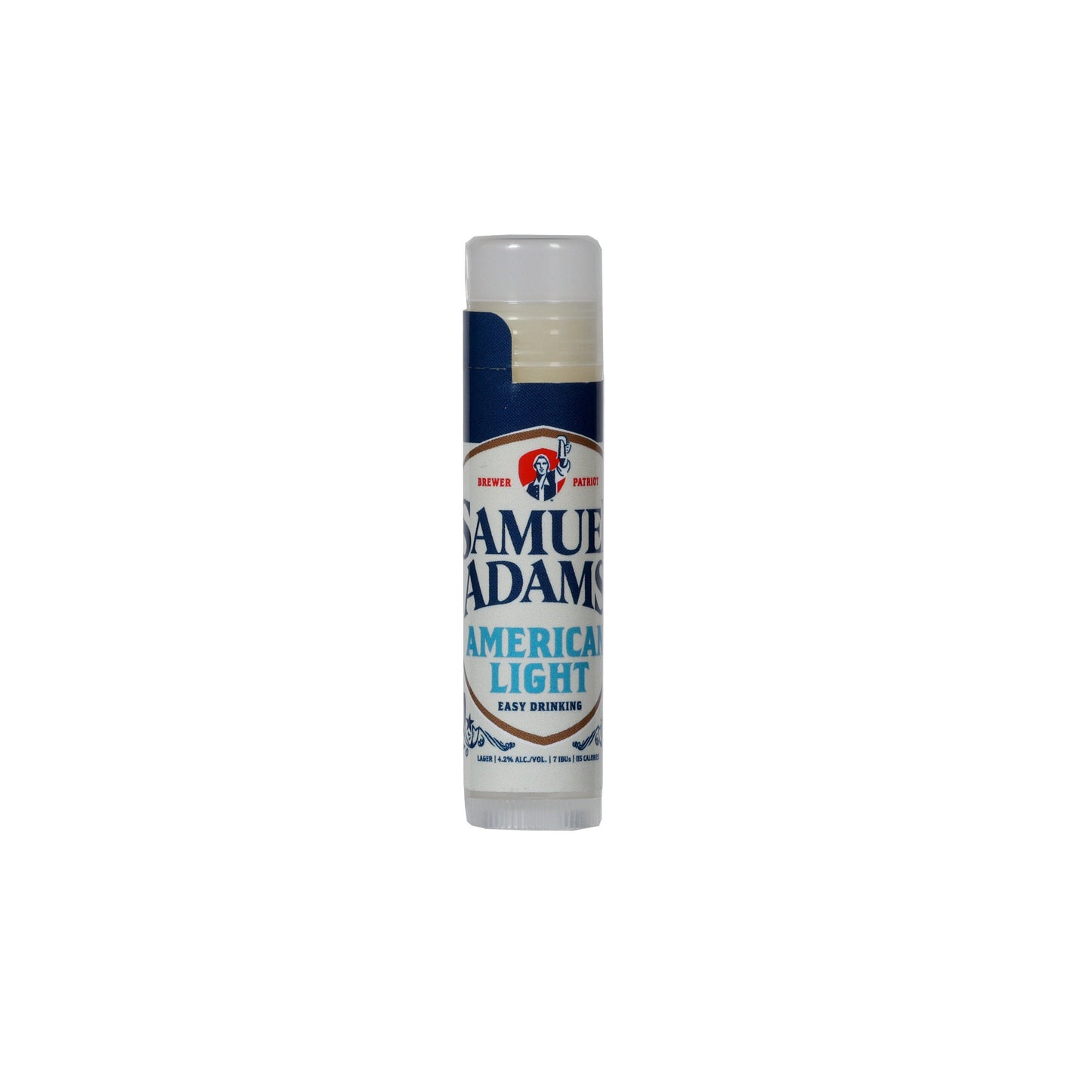 A lip balm that smells like Samuel Adams American Light beer in packaging to mimic the appearance of a can of American Light beer.