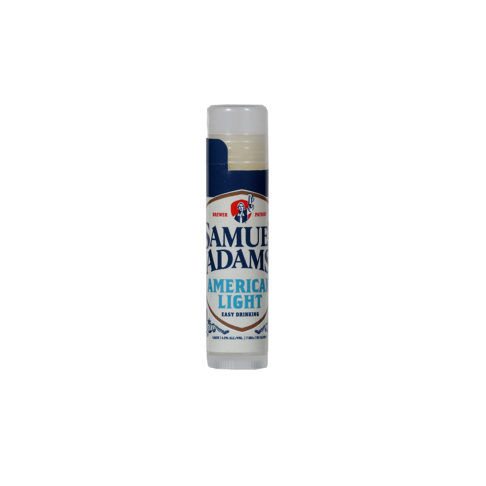 A lip balm that smells like Samuel Adams American Light beer in packaging to mimic the appearance of a can of American Light beer.