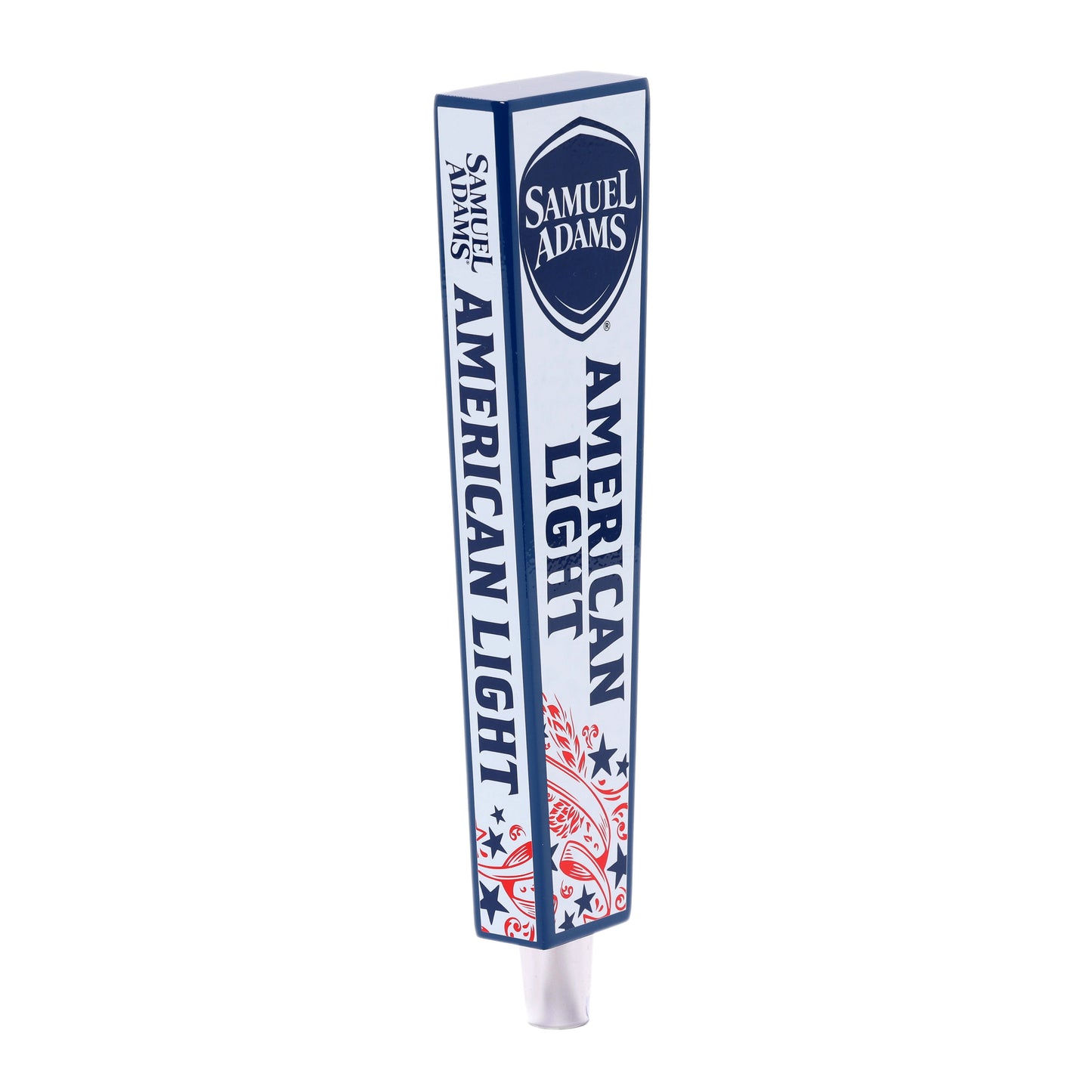 A Samuel Adams American Light tap handle with a white background, blue trim/details, and red details.