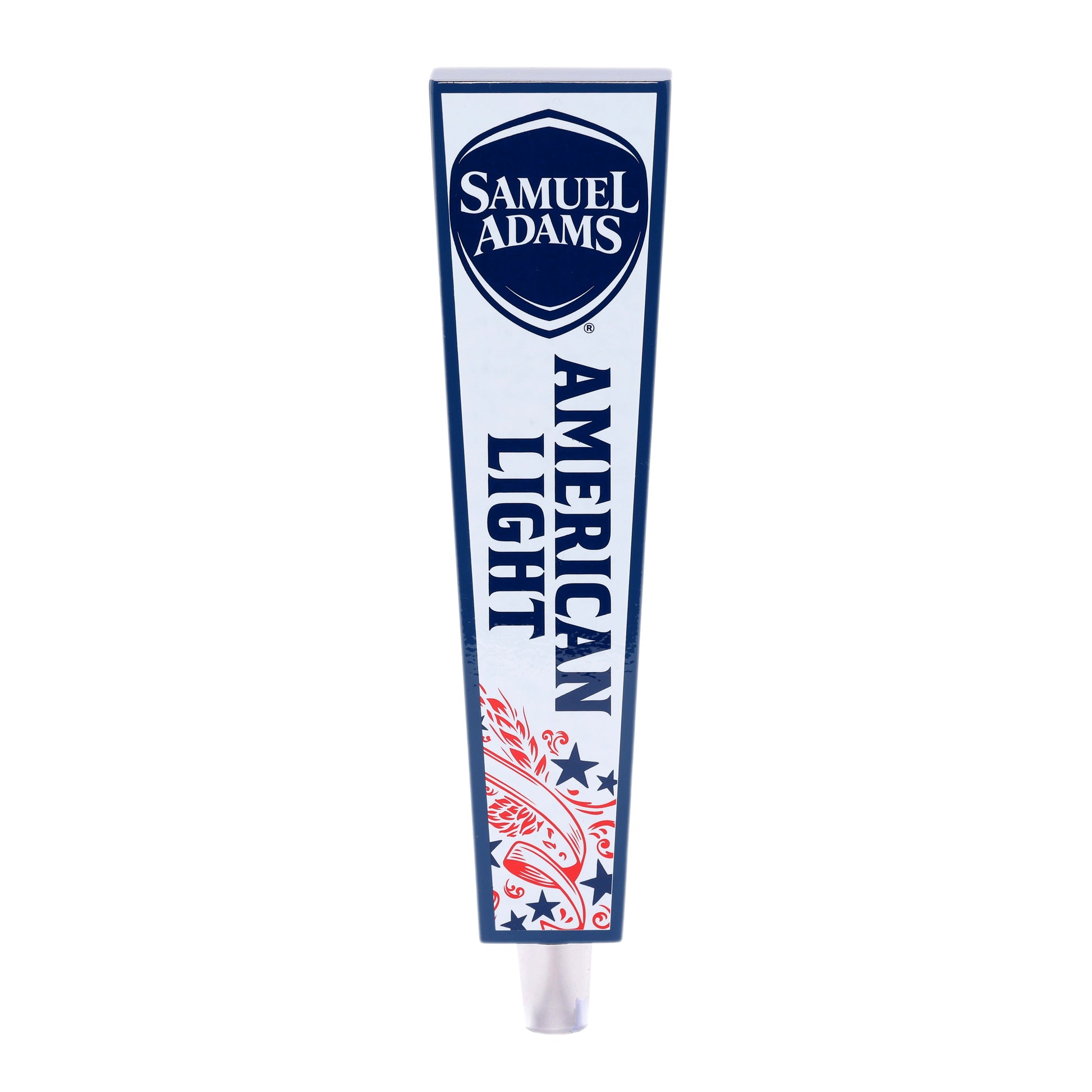 A Samuel Adams American Light tap handle with a white background, blue trim/details, and red details.