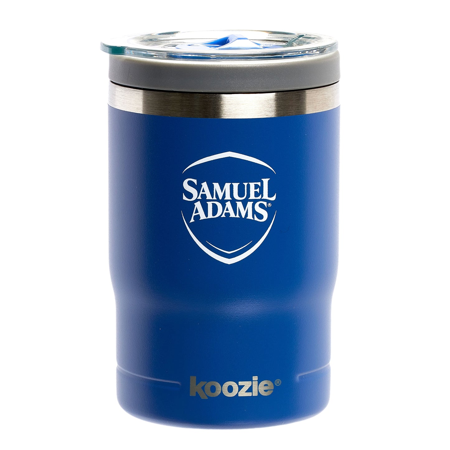 Front view of blue koozie features Samuel Adams shield logo, and "koozie" written on the bottom.