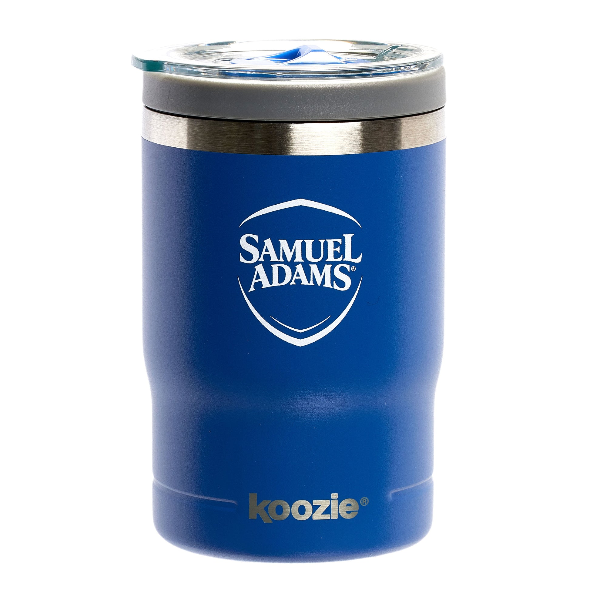 Front view of blue koozie features Samuel Adams shield logo, and "koozie" written on the bottom.