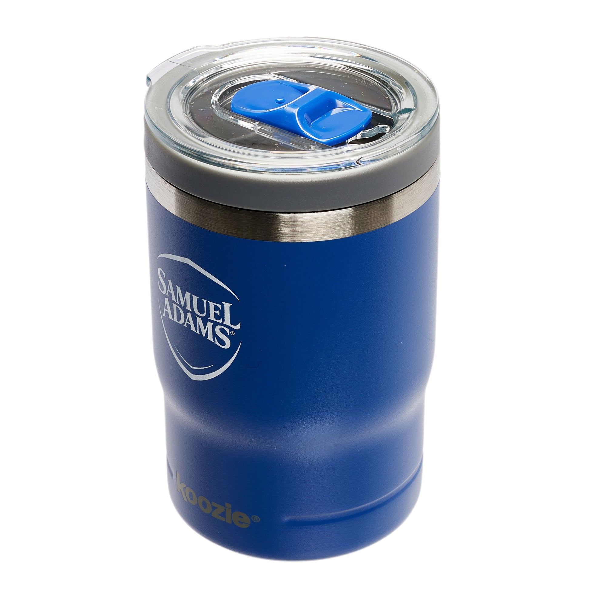 Front view of blue koozie features Samuel Adams shield logo, and "koozie" written on the bottom.