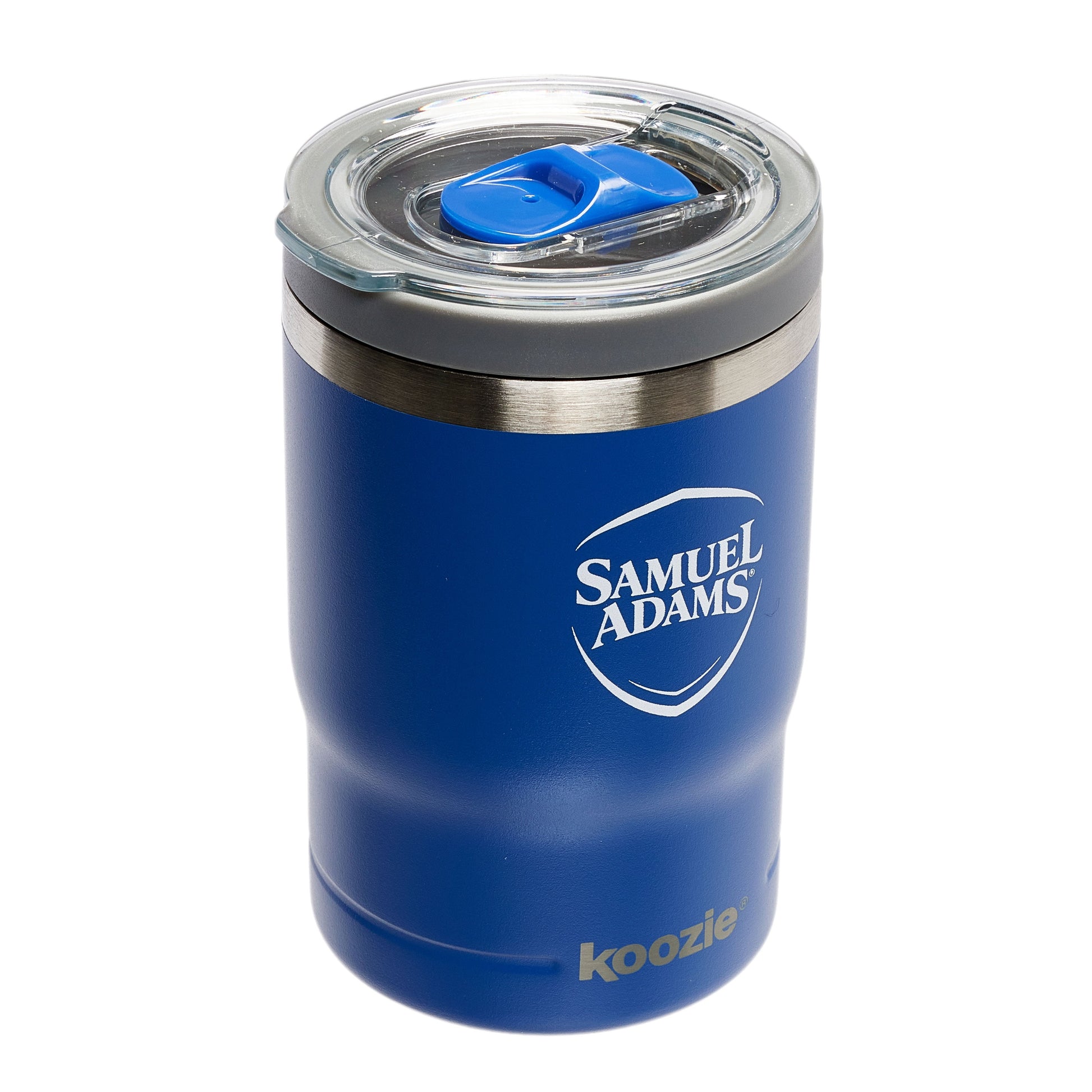 Front view of blue koozie features Samuel Adams shield logo, and "koozie" written on the bottom.