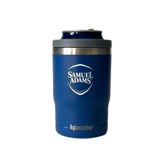 Front view of blue koozie features Samuel Adams shield logo, and "koozie" written on the bottom.