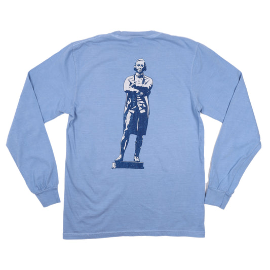 Back view of the shirt with a large navy graphic of the Samuel Adams statue.