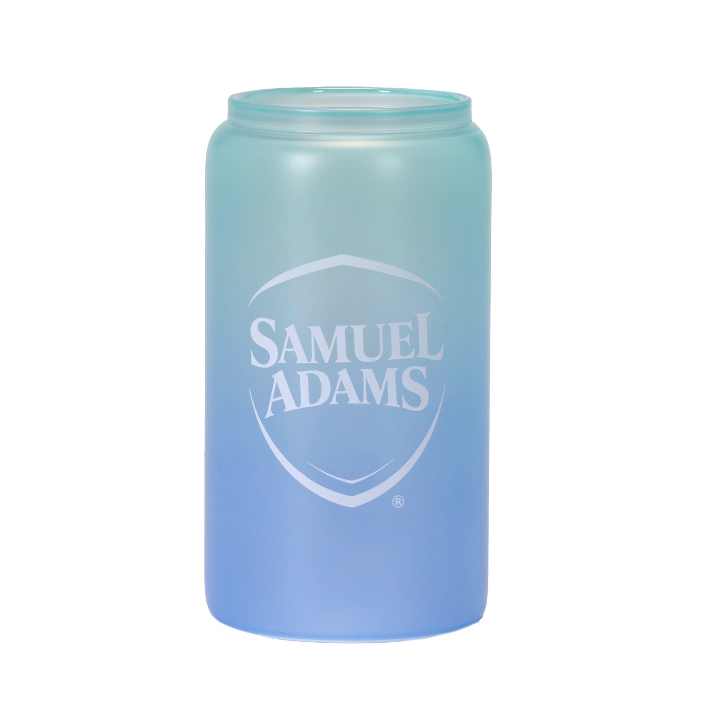 Blue ombre can-shaped glass with a frosted finish and Samuel Adams logo; changes color when cold liquid is added.