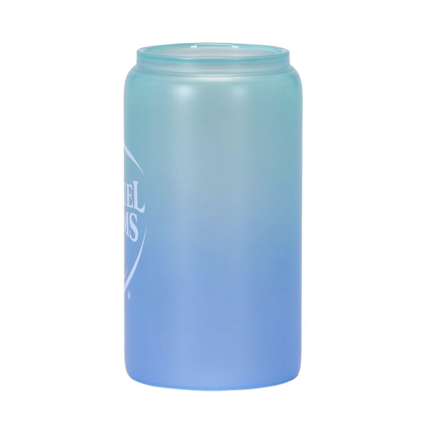 Blue ombre can-shaped glass with a frosted finish and Samuel Adams logo; changes color when cold liquid is added.