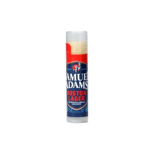 A lip balm that smells like Samuel Adams Boston Lager in packaging to mimic the appearance of a can of Boston Lager.