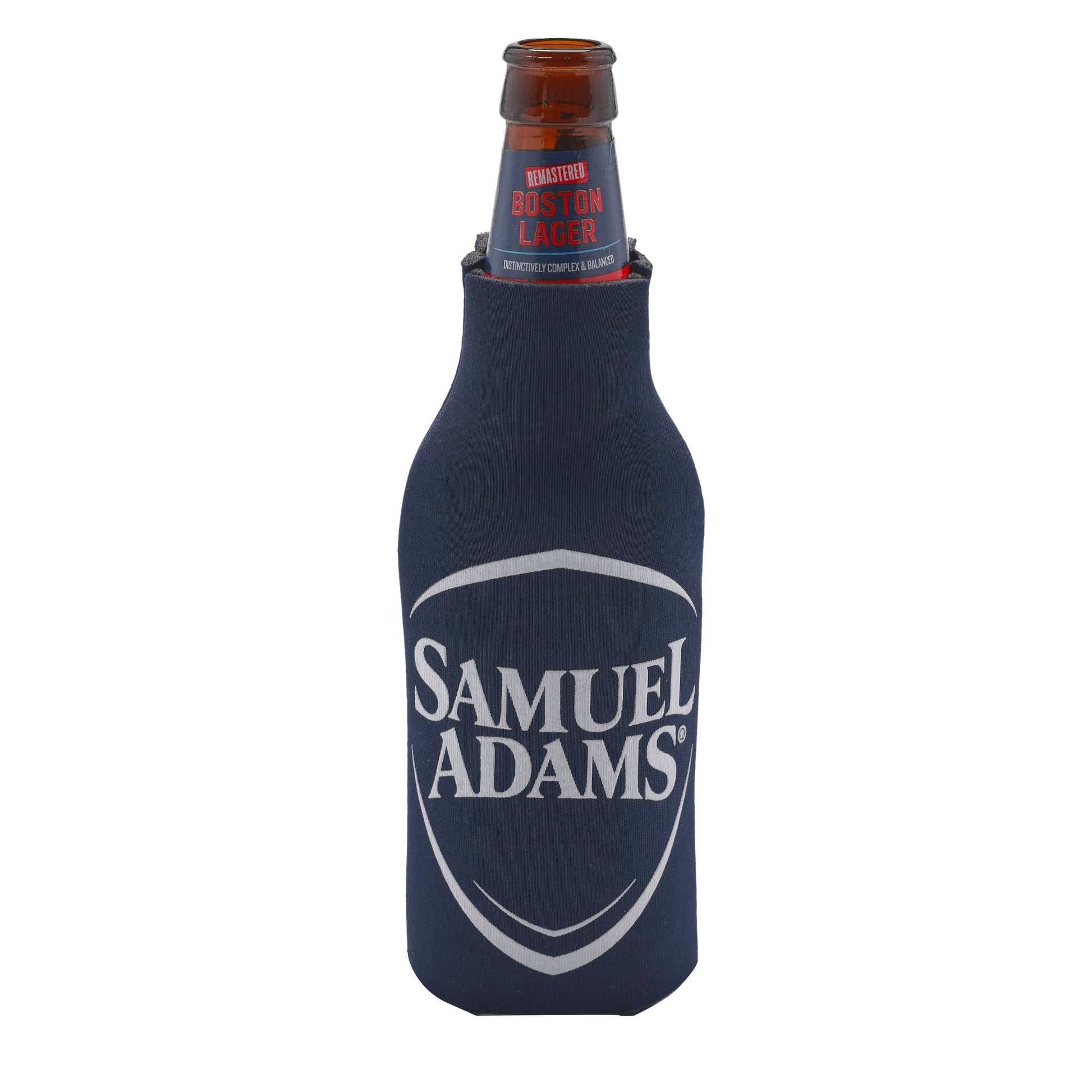 Made of premium 1/8” thick Scuba foam, features a durable zipper and is collapsible for easy storage and transport. Fits most 12 ounce long neck bottles. Navy blue with the classic Samuel Adams shield logo in white.