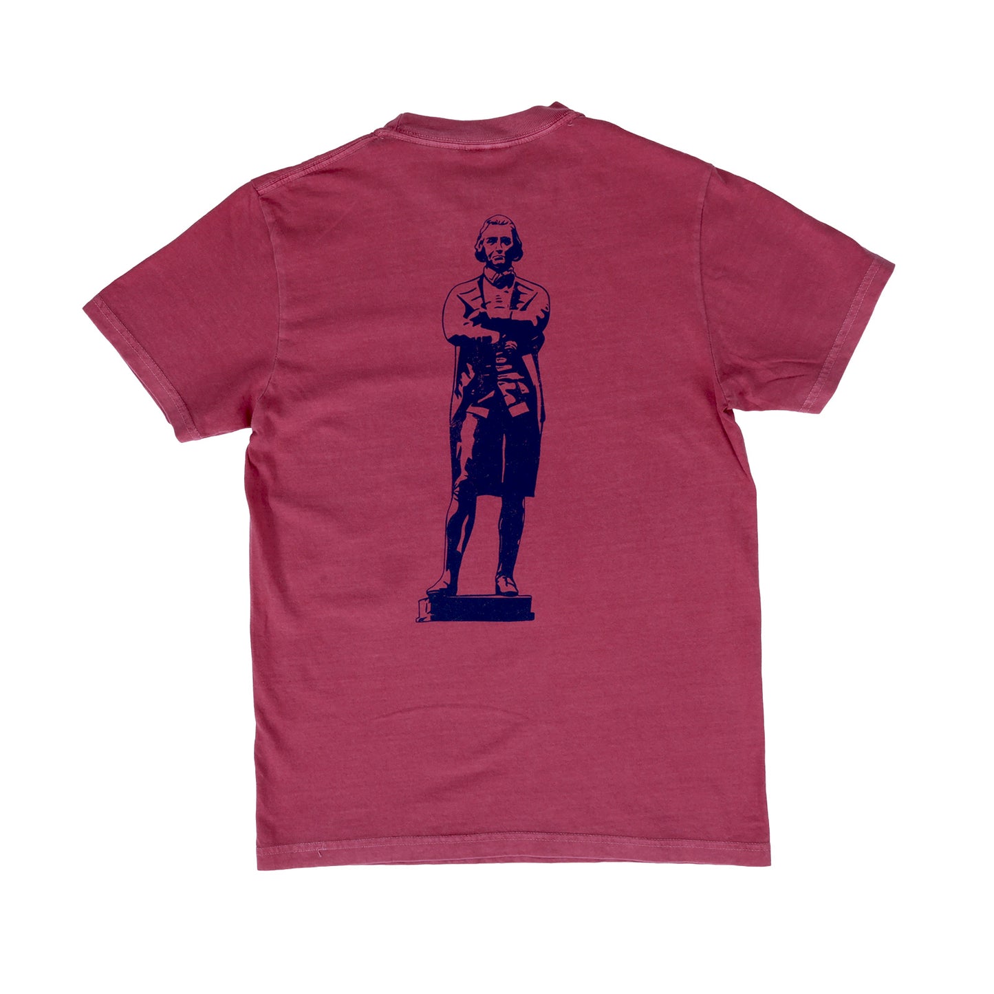 Back side of Brick Red Short Sleeve Statue Tee. Backside shows a large Samuel Adams statue designed in navy color.