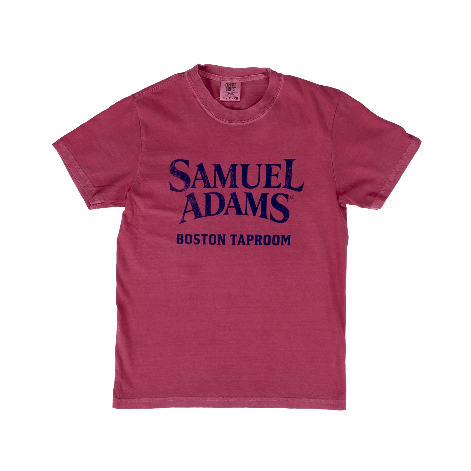 Brick Red Short Sleeve Statue Tee with a Navy Samuel Adams Boston Taproom Logo