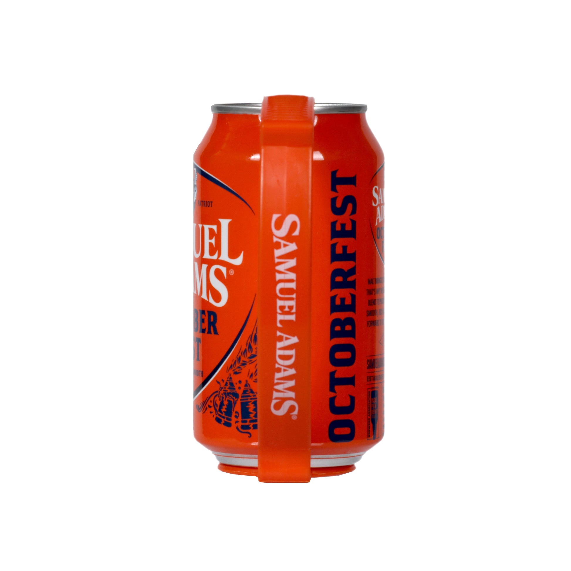 This Sam Adams Octoberfest Can Grip provides an easy-carry-experience. A side view featured here of the red can grip with the Samuel Adams logo in white.