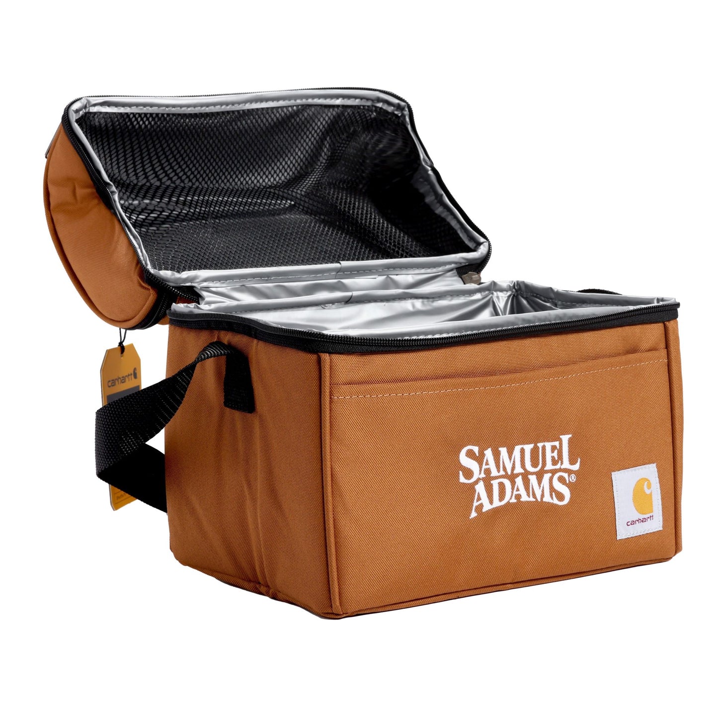 This brown Carhartt Can Cooler can comfortably fit up to 6 cans.