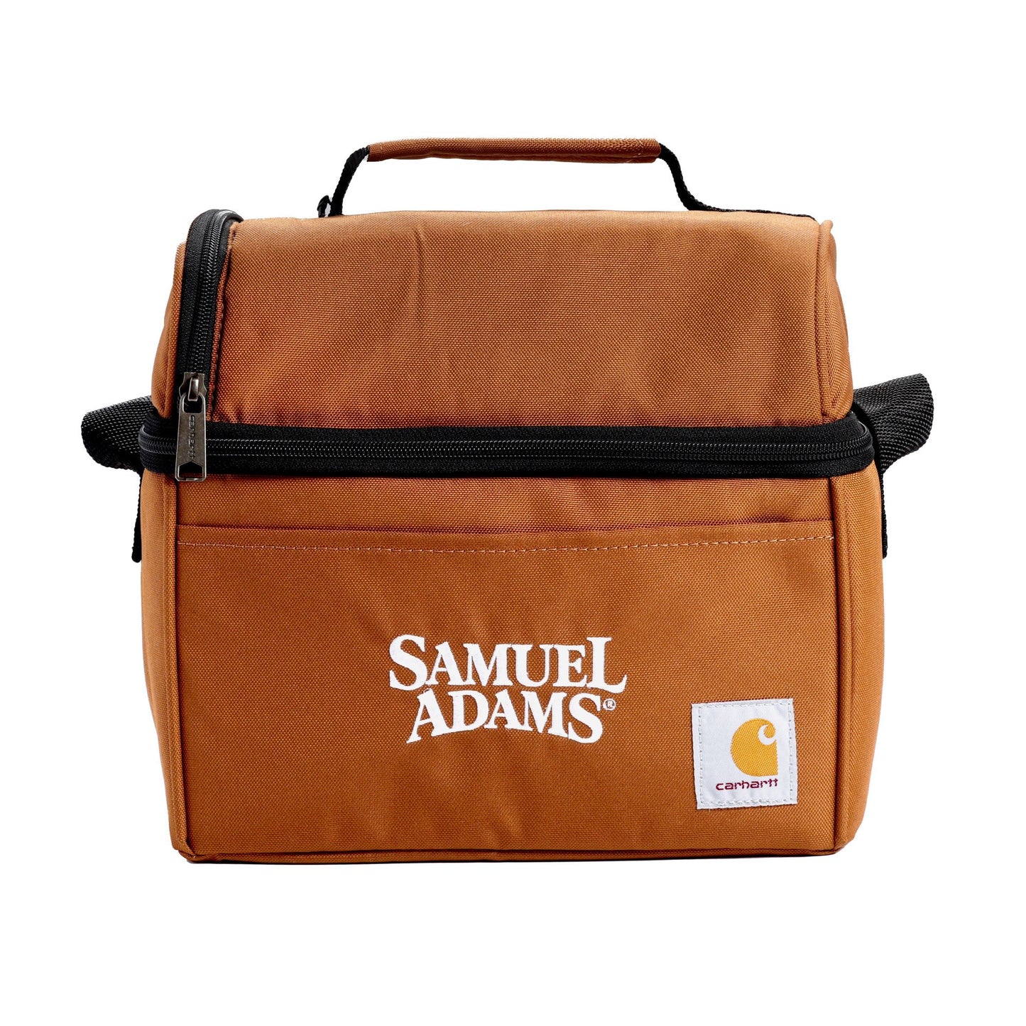 This brown Carhartt Can Cooler can comfortably fit up to 6 cans. Features black zippers and the Samuel Adams classic logo on the front in white.