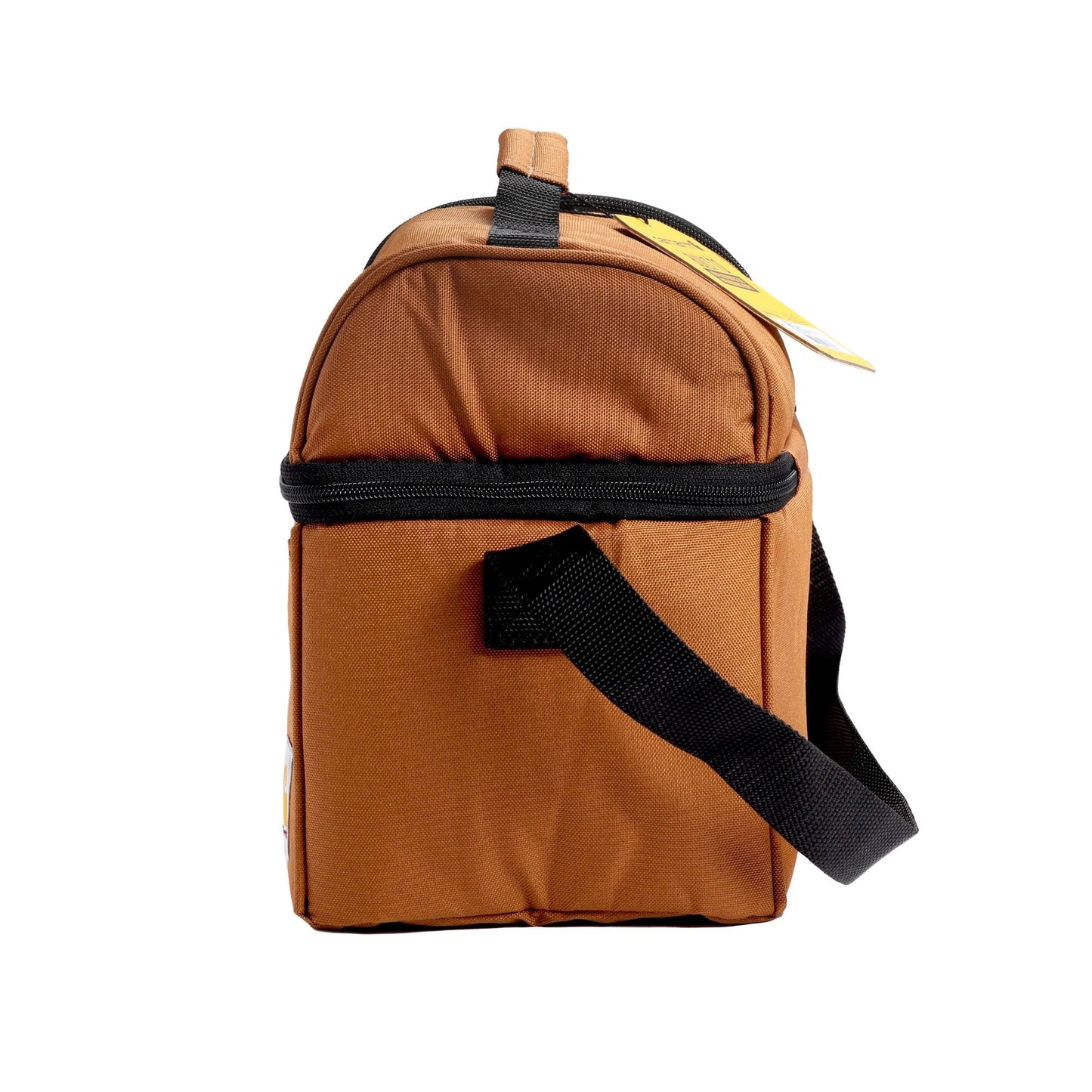 This brown Carhartt Can Cooler can comfortably fit up to 6 cans. Features a black strap for carrying.